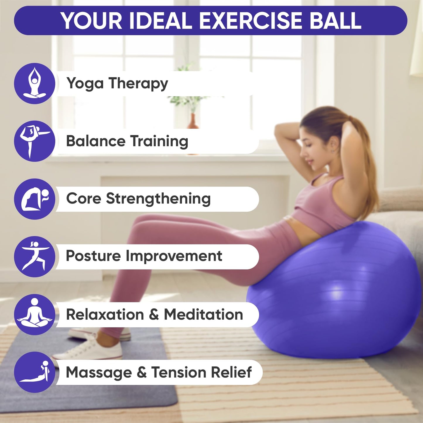 APEXUP Yoga Ball Exercise Ball, Anti Slip Stability Ball Chair, Heavy Duty Large Gym Ball for Fitness, Balance, Core Workout and Physical Therapy (S (15"~18") 45cm, Indigo)