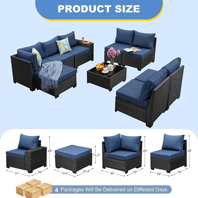 SunloungeCo 9 Pieces Outdoor Patio Furniture Set, Wicker Conversation Sets with Tea Table, Rattan Patio Sofa with Thick Cushions for Garden, Backyard Porch, Poolside,Navy