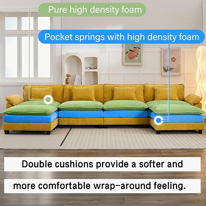 Oprisen 154" Modular Sectional Sofa, Comfy Cloud Couch Sectional Sofa with Ottoman, Chenille Sofa Sleeper Deep Seat Sofa with Throw Pillows for Living Room (Yellow, 154"- U Shape)