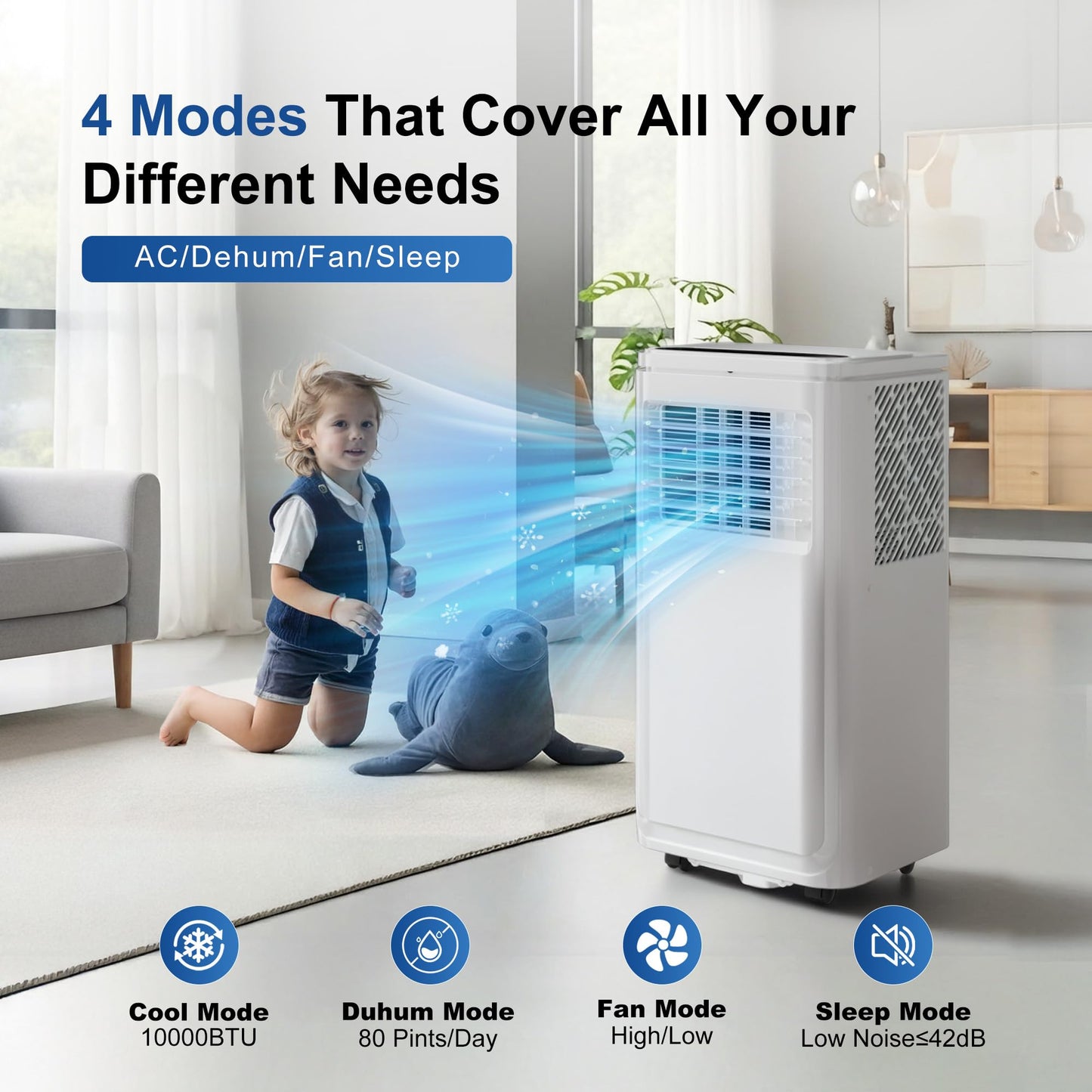 Uthfy 10,000BTU Portable Air Conditioners, 4-in-1 Air Conditioner with Cooling, Fan & Dehumidifier and Sleep, 4 Modes, 24H Timer, Window Kit Included, Portable AC Units for Indoor Room, Bedroom Use