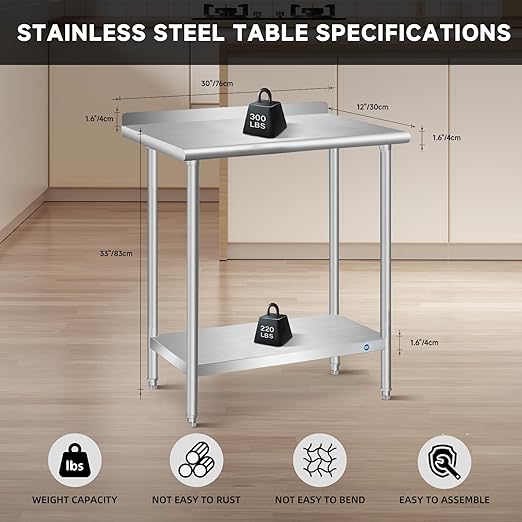 PIUMACU Stainless Steel Table All Stainless Table Commercial Metal Prep & Worktable for Garage Restaurant Kitchen - 30 x 12 x 33 Inch with Backsplash