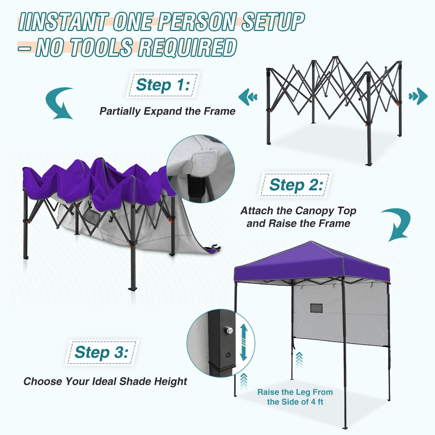 EAGLE PEAK Instant Pop Up Canopy with Adjustable Sun Wall 6x4, Straight Lightweight Compact Portable Tent with Carry Bag, Purple