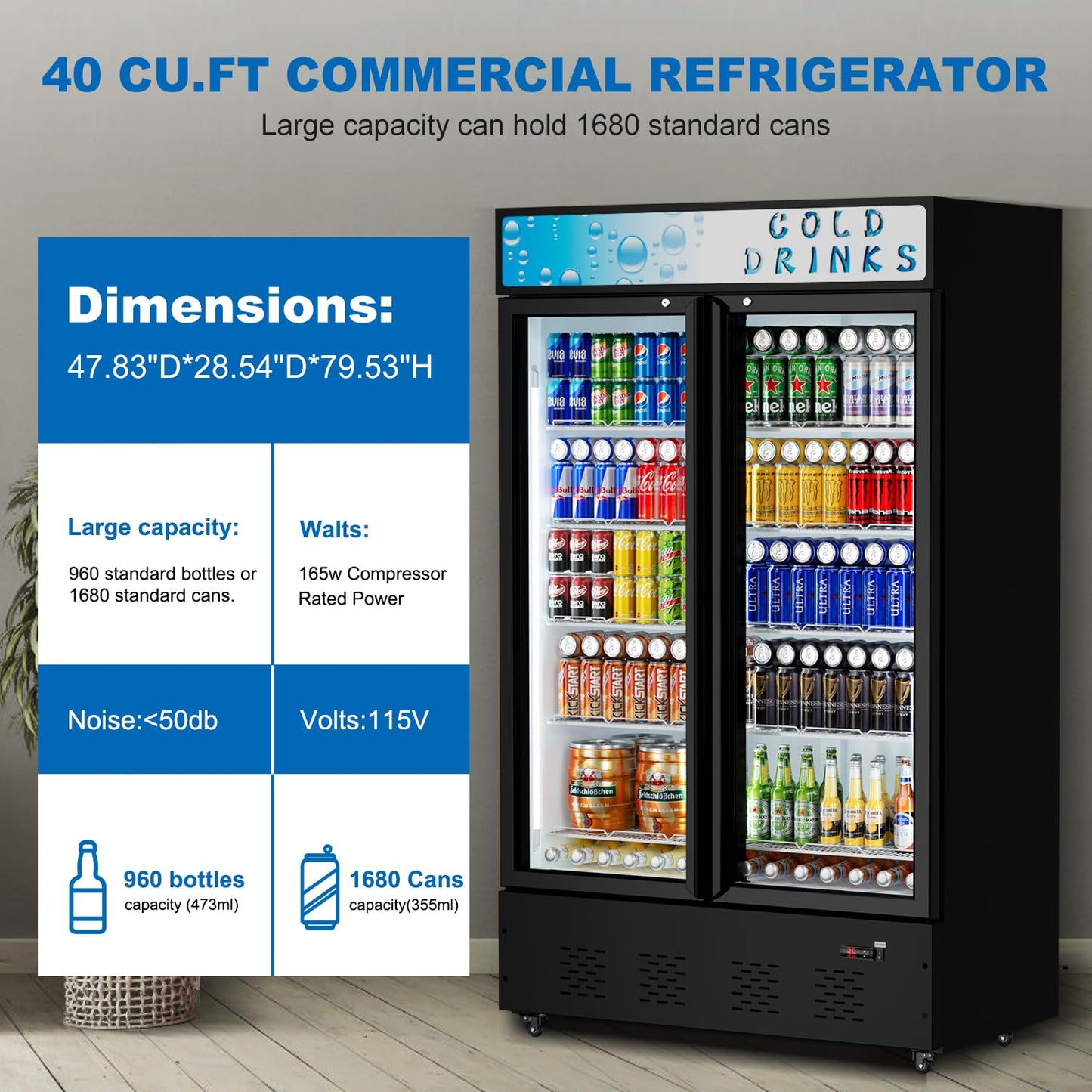 FreezLabs Commercial Glass Door Display Refrigerator 40 Cu.ft Cooler Commercial Display Beverage Refrigerators with LED Light and 10 Shelves for Cafe Restaurant Store Bar