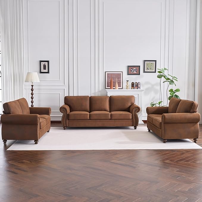 Couchus Living Room Furniture Sets,Sofa Sets and Couch Sets for Living Room,Mid-Century Vintage Sofa Couches with Rivet Design (Caramel, 2 Loveseat+3 Seater)