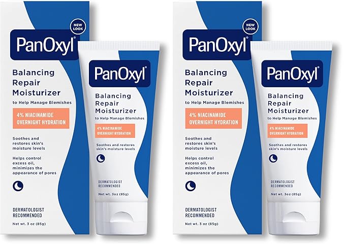 PanOxyl PM Balancing Repair Moisturizer with Niacinamide, Ceramides and Cica, Hydrating Face Moisturizer, Acne Prone Skin and Dry Skin, Non-Comedogenic Night Face Moisturizer, 3 oz (Pack of 2)