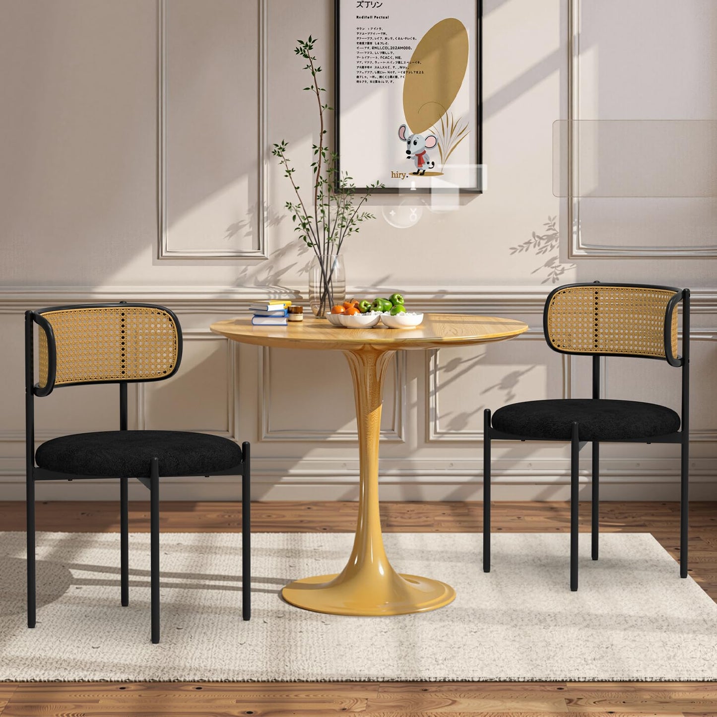 Osparple Mid Century Modern Dining Chairs Set of 4 with Rattan Backrest,Velvet Upholstered Accent Kitchen & Dining Room Chairs with Sturdy Metal Frame,Black