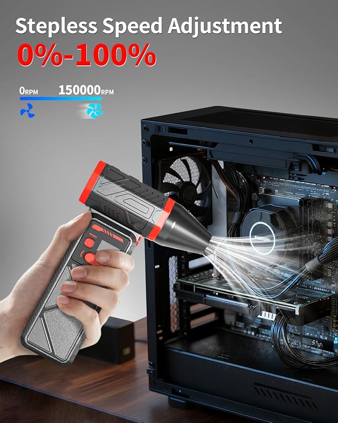 Compressed Air Duster, 150000RPM Electric Air Duster with Stepless Speed, 90° Adjustable Nozzle, Digital Display & LED Light, Cordless Rechargeable Air Blower for Keyboard, Computer, Car, Home,Outdoor