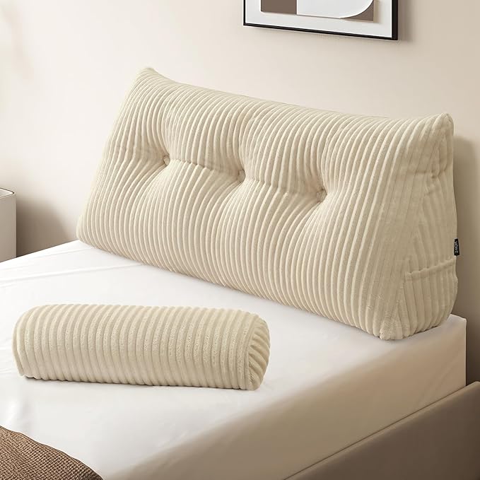 Z-hom Large Wedge Pillow Headboard, Twin Triangular Headboard Pillow, Reading Pillow Bed with a Roll Pillow for Bed Sitting Up Sleeping, Backrest Cushion Headboard Gap Pillow for Back, Beige Cream