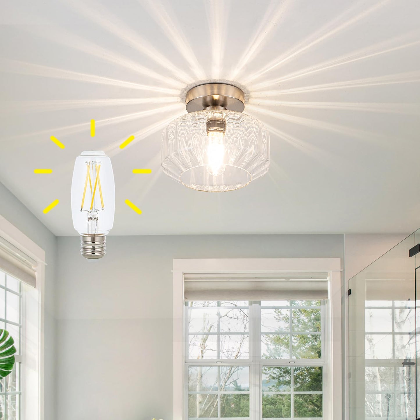 Tbaoinla Brushed Nickel Semi Flush Mount Ceiling Light Fixture with Textured Glass & Included 1200 Lumens LED Bulbs, Modern Hallway & Bathroom Light for Entryway, Kitchen, Laundry Room