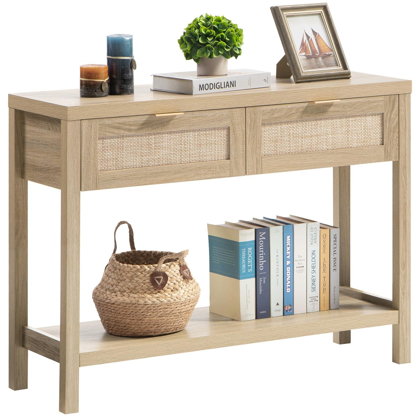SICOTAS Rattan Console Table for Entryway - Boho Entryway Table with Storage and Drawers, Small Entry Tables for Hallway Behind Couch Table Sofa Table