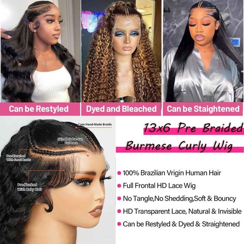 Burmese Curly Wig Human Hair Pre Braided Wig 13x6 Water Wave Lace Front Wigs Human Hair 180% Density Glueless Transparent Lace Frontal Wigs Pre Plucked for Black Women with Spiral End (22 Inch)