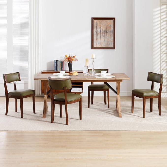 DM Furniture Mid Century Modern Dining Chairs Set of 4 Faux Leather Upholstered Dining Room Chairs with Curved Backrest Farmhouse Kitchen Chairs Solid Wood Side Chairs for Living Room/Restaurant