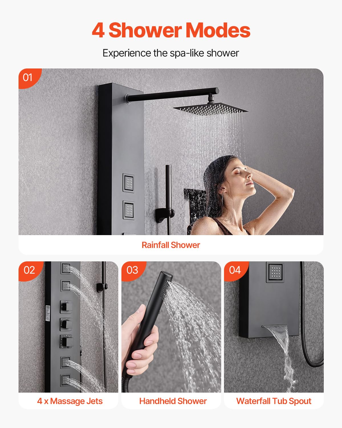 VEVOR Shower Panel Tower System with Rainfall Shower Head, 49 in Brushed Stainless Steel Shower Column, 4-Function Faucet, Wall-Mount Rain Massage System, with 4 Body Jets, Handheld, and Tub Spout