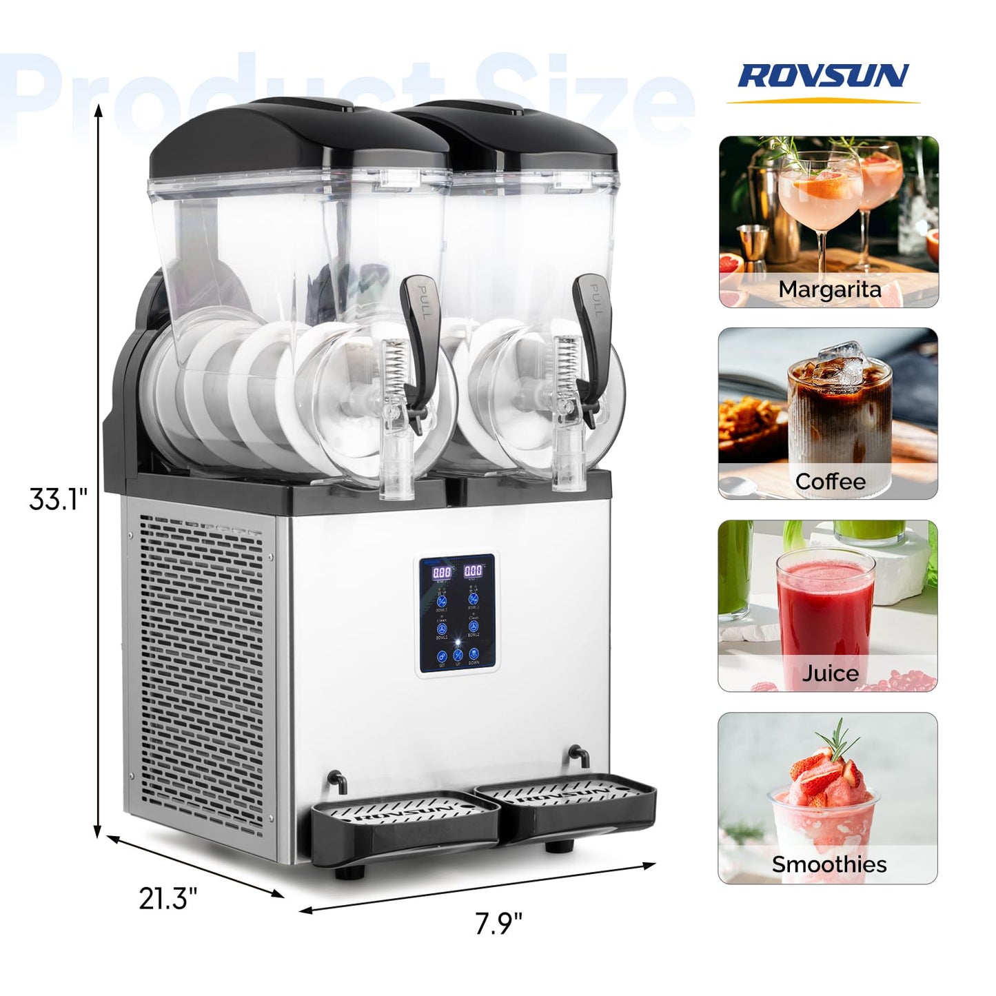 ROVSUN Commercial Slushy Machine, 15L X 2 Tanks Slushie Machine Frozen Drink Machine, 8 Gal/30L Margarita Machine Efficient Cooling Stainless Steel for Home Restaurant Bar Party Cafes 110V/60HZ