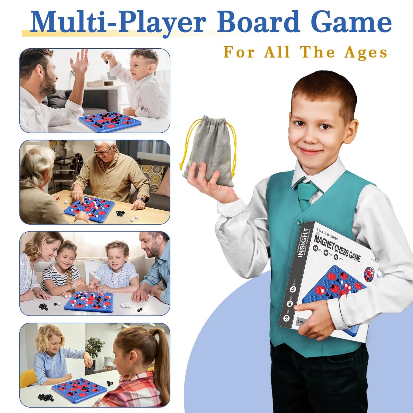 Magnetic Game Chess, Magnet Game, Magnetic Board for Kids Adults Family Games Night, 2 in 1 Multiplayer Magnetic Games with 36 Stones & Connect-5-Piece Toys, Magnet Chess Set Gift (Blue)