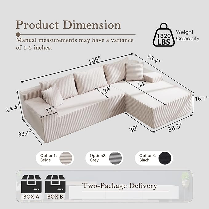 105’’ L-Shape Modular Sectional Sofa with Chaise, Convertible Cloud Couch, Corduroy Fabric & High-Density Memory Foam, No Assembly Required for Living Room (Beige, Right Facing Chaise)