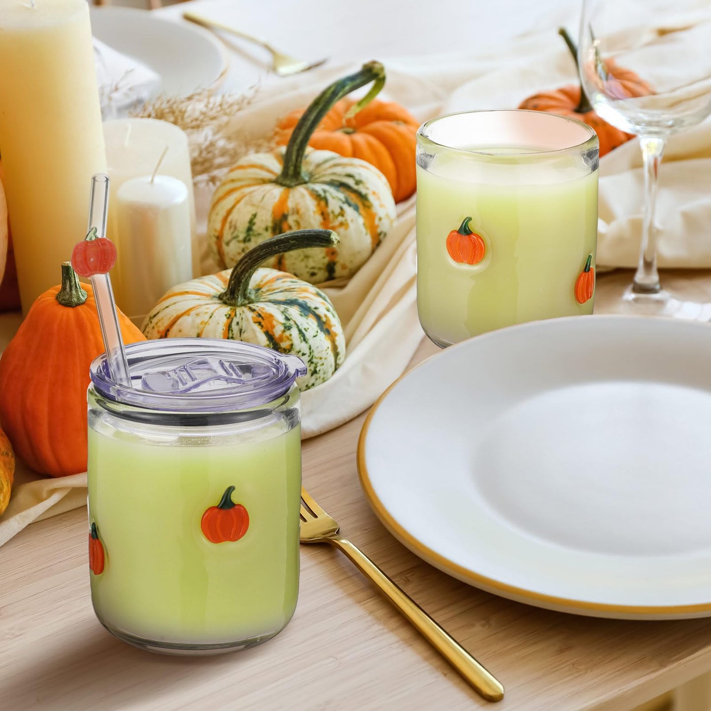 SiliFine 2 Pcs Pumpkin Icon Juice Glasses, 14 oz Fall Pumpkin Stemless Wine Drinking Coffee Glass Cup for Halloween Thanksgiving Day Party Supplies & Gift