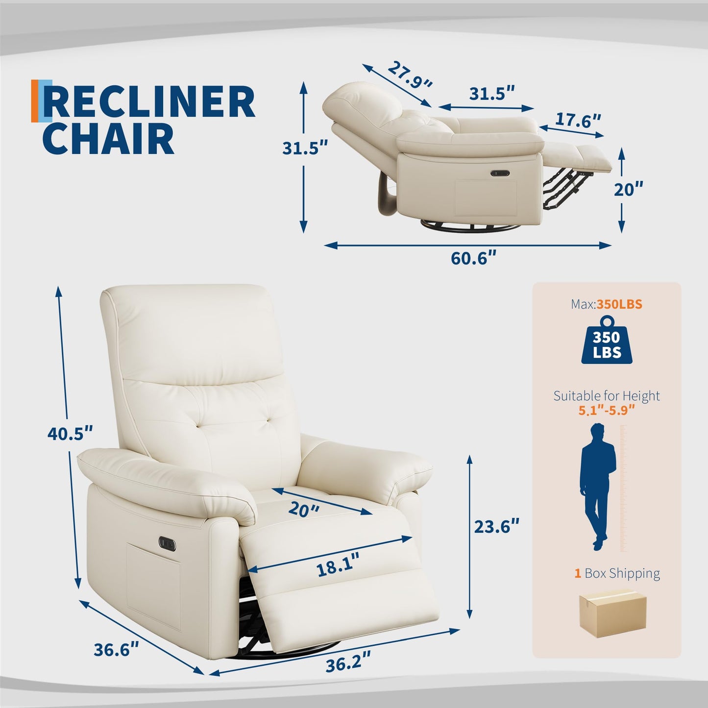 GarveeHome Recliner Chair, 360° Swivel Rocker Glider Nursery Chair with Padded Armrest and Deep Seat, PU Leather Upholstered Reclining Sofa Chair for Living Room, Bedroom and Nursery (Cream)