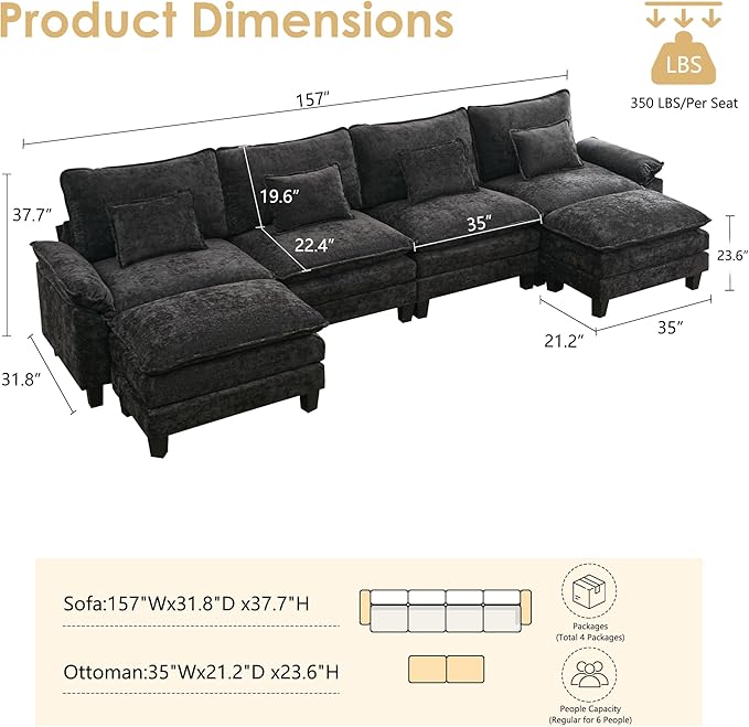 URRED Cloud Couch Modular Sectional Sofa, 157" Modern U Shaped Deep Seat Sofa with 2 Ottomans & Pillows, Ultra Comfy Chenille Couches for Living Room, Bedroom or Apartment, Black