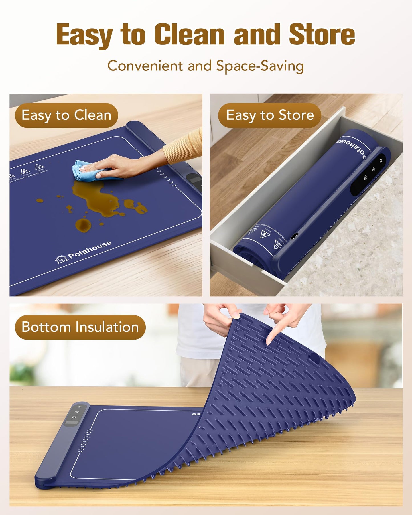 Potahouse® Warming Mat for Food, Graphene Full-Surface Fast Heating, Electric Warming Tray with 6 Temp & Timer Settings, Rollable & Portable Silicone Food Warmer for Parties, Home and Travel, Blue