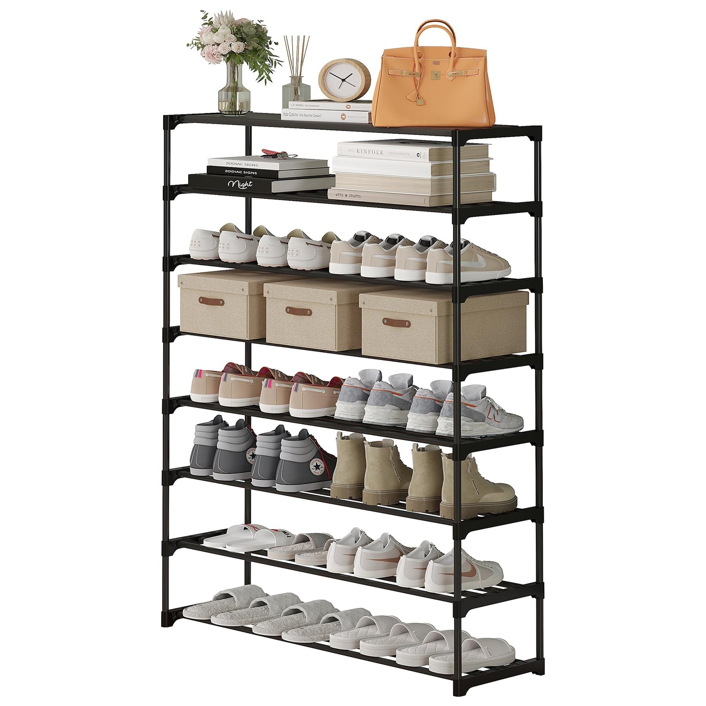 Calmootey 8-Tier Shoe Rack, Tall Large Capacity 40 Pairs Shoes Storage Organizer, Stackable Wide Shoe Shelf for Entryway, Hallway, Black