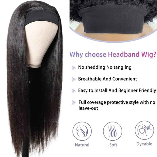 Headband Wig Human Hair Straight Headband Wigs Brazilian Virgin Hair 150% Density None Lace Front Wigs Human Hair Glueless Headband Half Wig for Women Natural Color 22 Inch