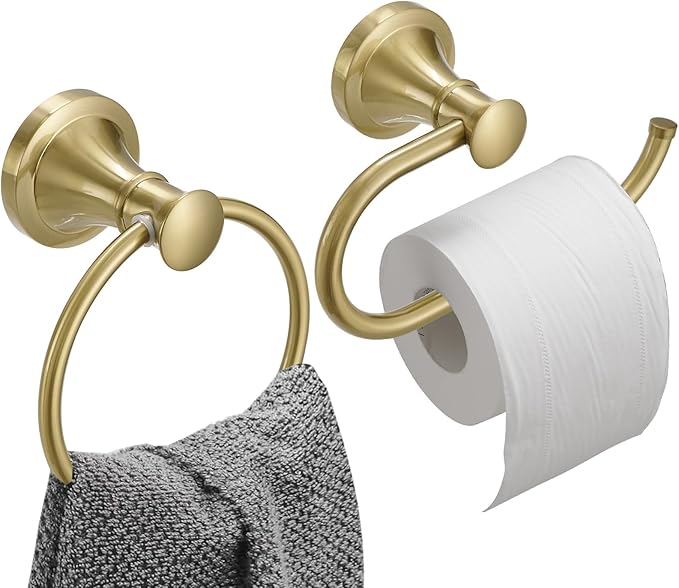 Hoimpro Brushed Gold 2-Piece Bathroom Bath Set, Wall Mounted Bathroom Hardware Fixture (Towel Ring Holder, Toilet Paper Towel Holder), Bathroom Accessories, Stainless Steel and Zinc Alloy