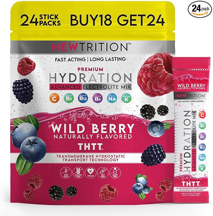 NewTrition Hydration Powder, Wild Berry Pack of 24 Electrolyte Powder Packets, Naturally Flavored Hydrating Packets for Wa...