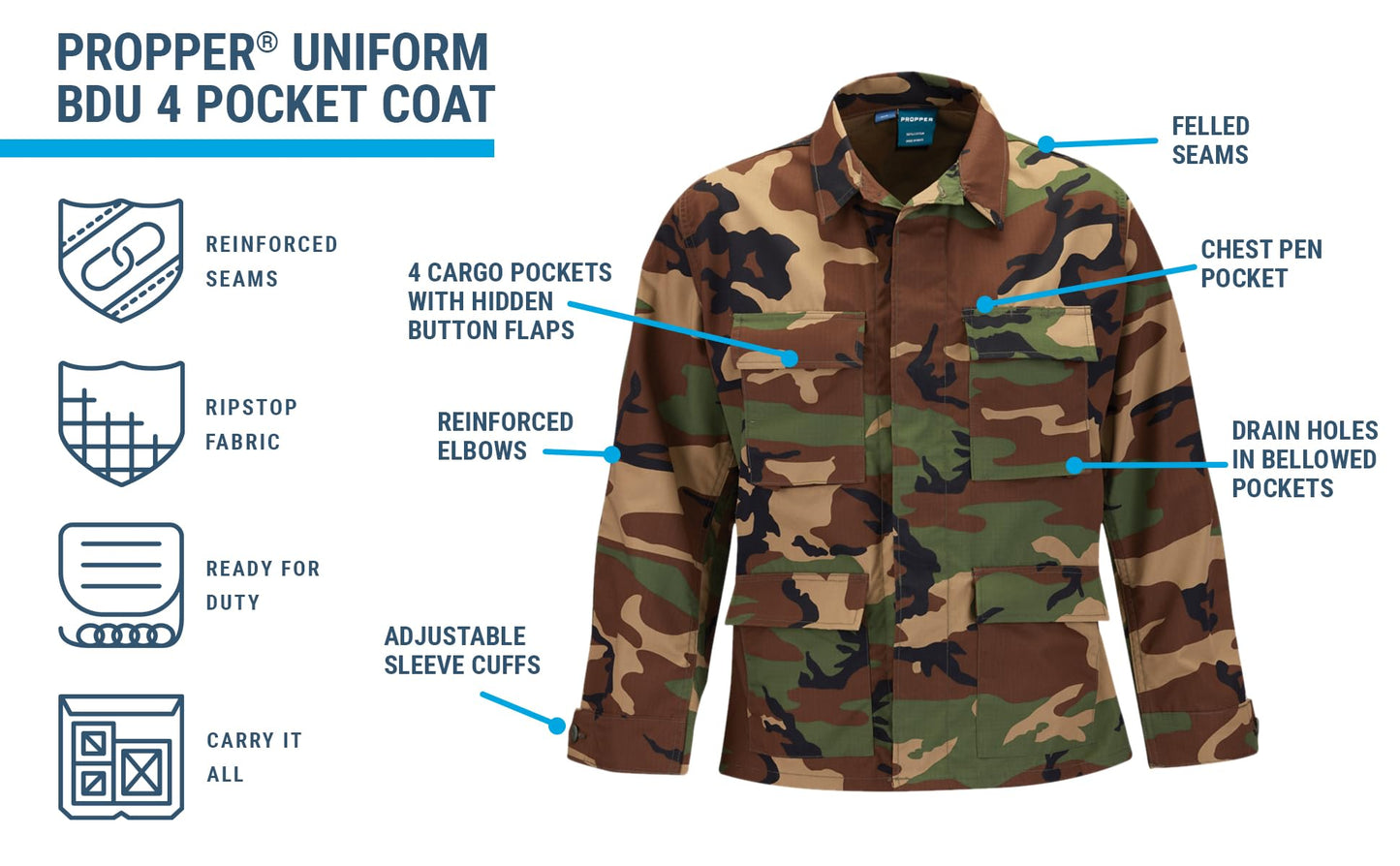Propper Men's Uniform Ripstop BDU Coat, Woodland, 60% Cotton, 40% Polyester, X-Large