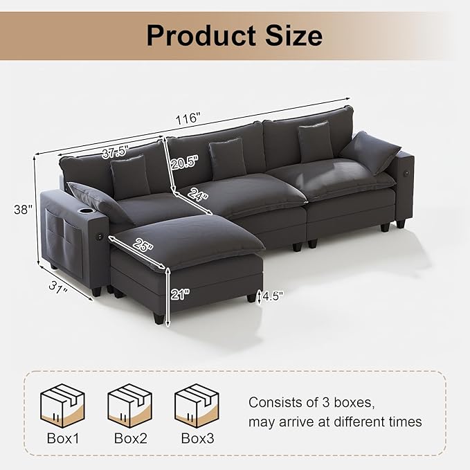 KCGKCG 116" Modular Sectional Sofa, L Shaped Cloud Couch with Movable Ottoman, Chenille Deep Seat Cloud Sofa with Charging Station, Cup Holder, Side Pocket, Sectional Couches for Living Room, Grey