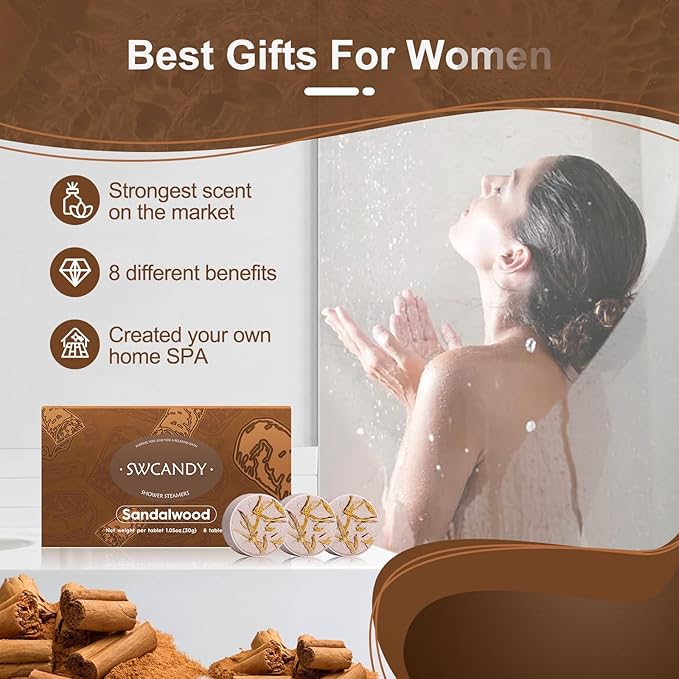 Shower Steamers Aromatherapy Birthday Gifts for Women Travel Essentials, 8 Pcs Sandalwood, Bath Bombs Shower Bombs with Natural Essential Oils, Relaxation Home SPA