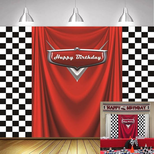 7x5ft Car Black White Grid Red Birthday Themed Backdrops Racing Flag Red Photo Backgrounds for Photography Happy Birthday ...