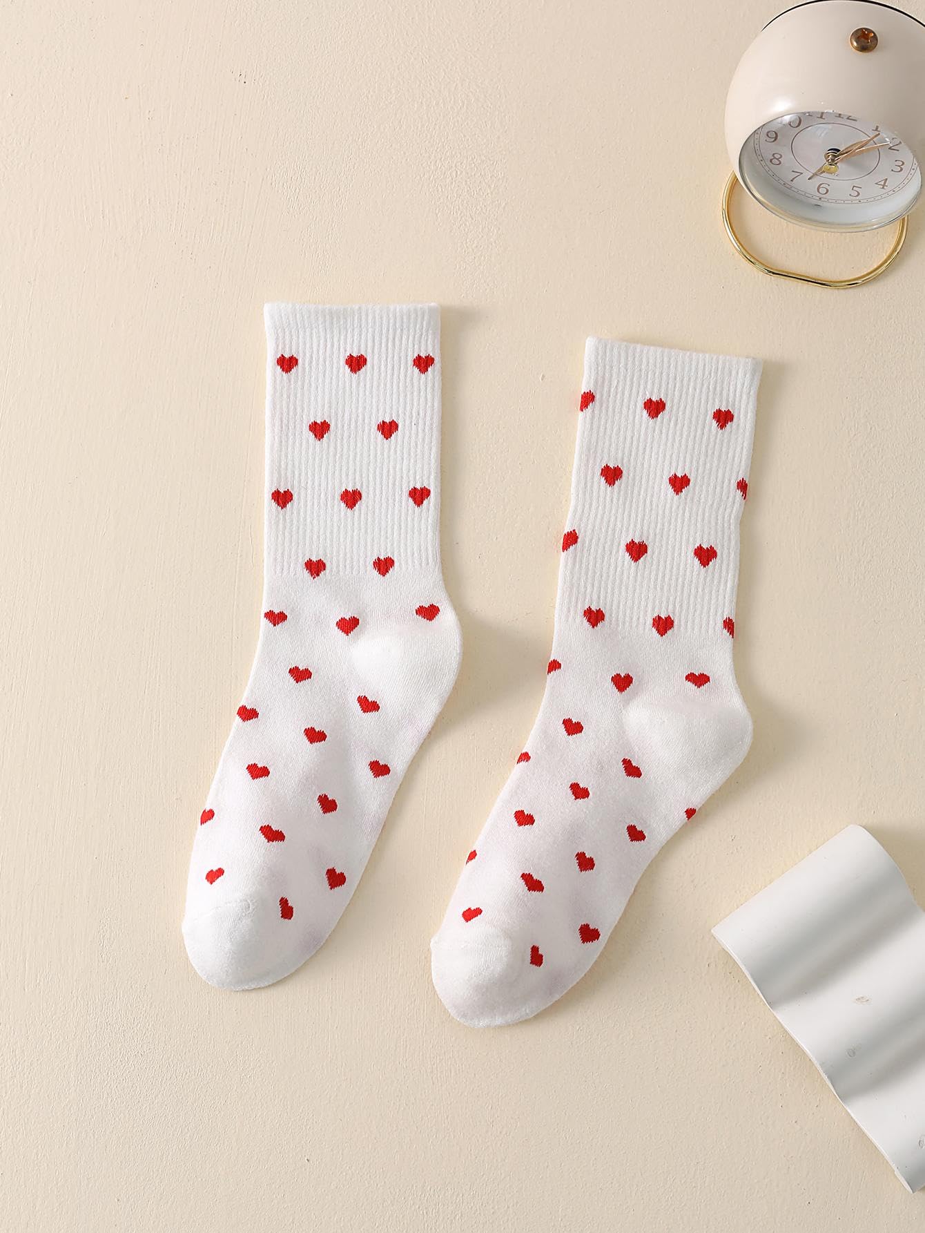 SHENHE Women's Embroidered Patterned Cute Crew Socks Breathable Soft Above Ankle Socks Red Heart White One-Size