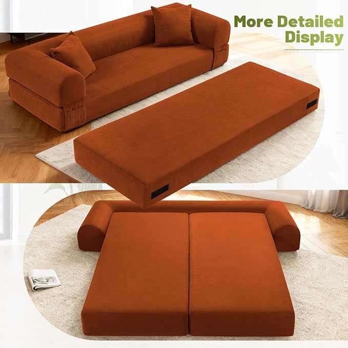 GJQ Convertible Futon Sofa Bed,80" Folding Pull Out Couch Bed with Storage,Queen Sleeper Sofa Bed,Compressed Couch in a Box,Corduroy Boneless Couches for Living Room,Orange