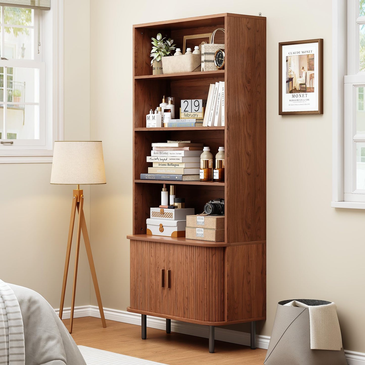 ONBRILL 71" Tall Bookshelf, 4-Tier Bookcase with Storage Cabinet & Adjustable Storage Shelves, Floor Standing Wooden Bookshelf with Sliding Door and Adjustable Footpad, for Home Office, Living Room