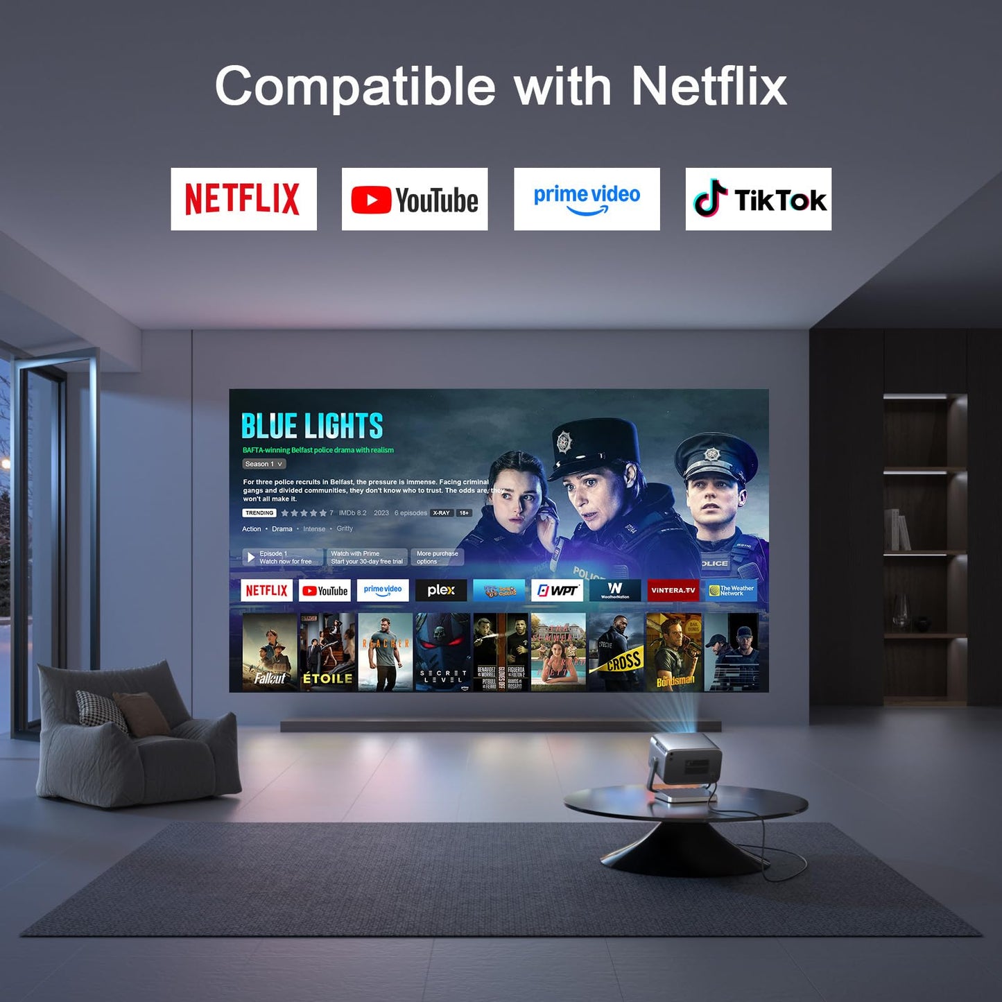 [Now with Netflix & 4000 ANSI] 4K Projector with WiFi and Bluetooth, Auto Focus Keystone & Dolby Audio, Smart Outdoor Projector with Adjustable Stand for Home Bedroom (grey）