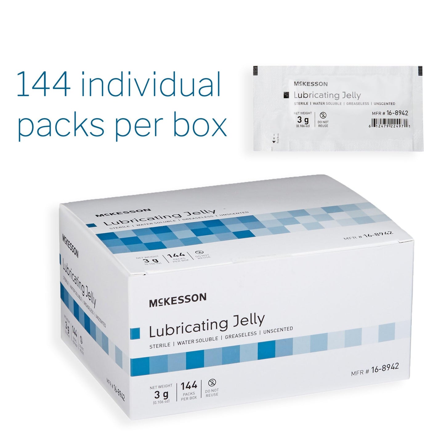 McKesson Lubricating Jelly, 3 g [144 Count] Water Based Non-Sticky Lube, Water Soluble Lubricant Gel - for Surgical, Medical, Personal – Sterile Individual Packets