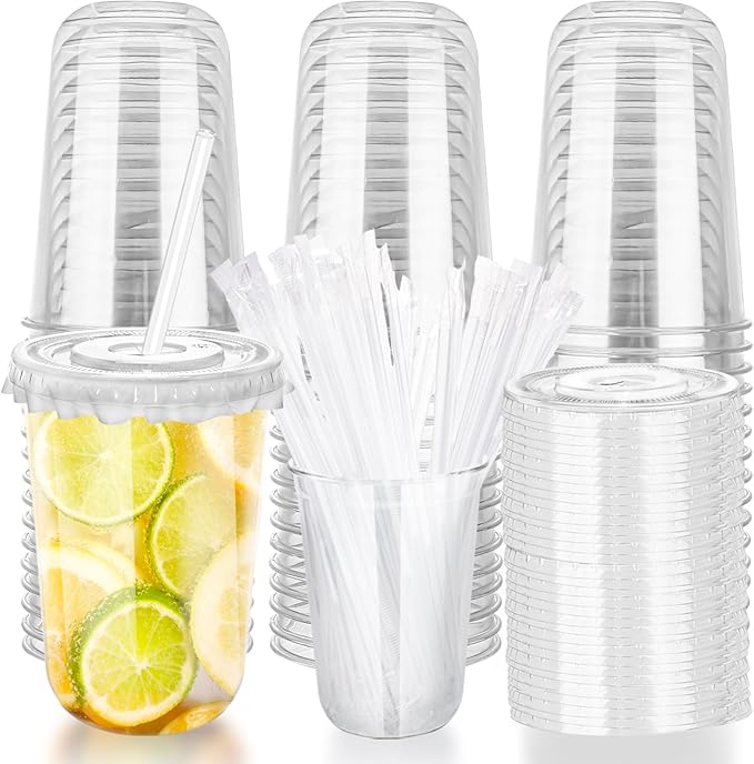 16oz Disposable Stemless Glasses with Flat Lids and Straws,PET Disposable Drinking Cups,Clear Plastic Wine Glasses for Par...