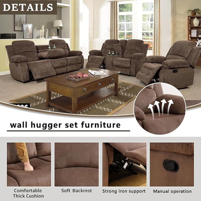 A Ainehome 3 Piece Set Corduroy Recliner Sofa Set with Storage, Modern, Taupe Brown, for Living Room/Office
