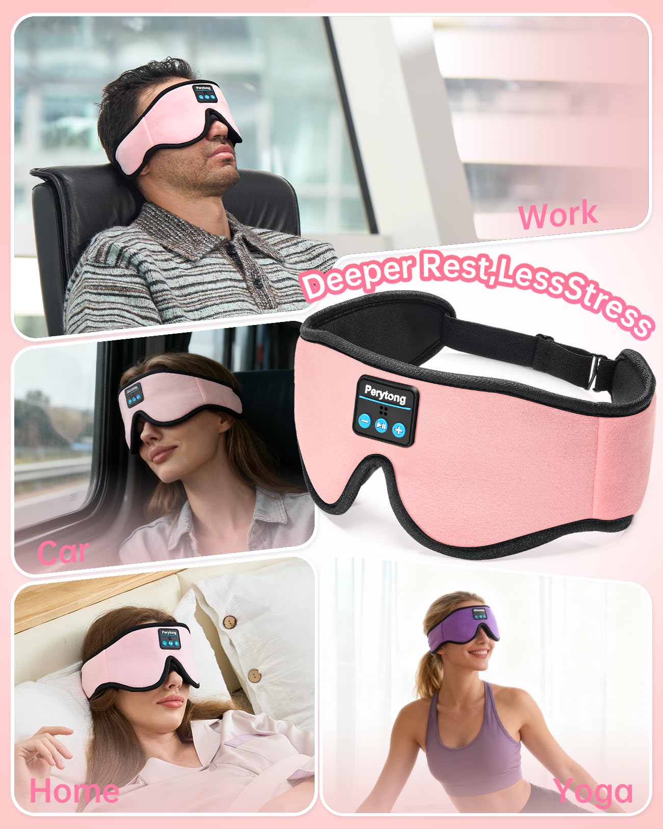 Sleep Mask with Bluetooth 5.4 Headphones, Wireless Music Sleep Eye Mask for Side Sleepers, 3D Contoured Comfort & Built-in HD Stereo Earphones, Noise Canceling & Blackout for Travel (Peach Pink)