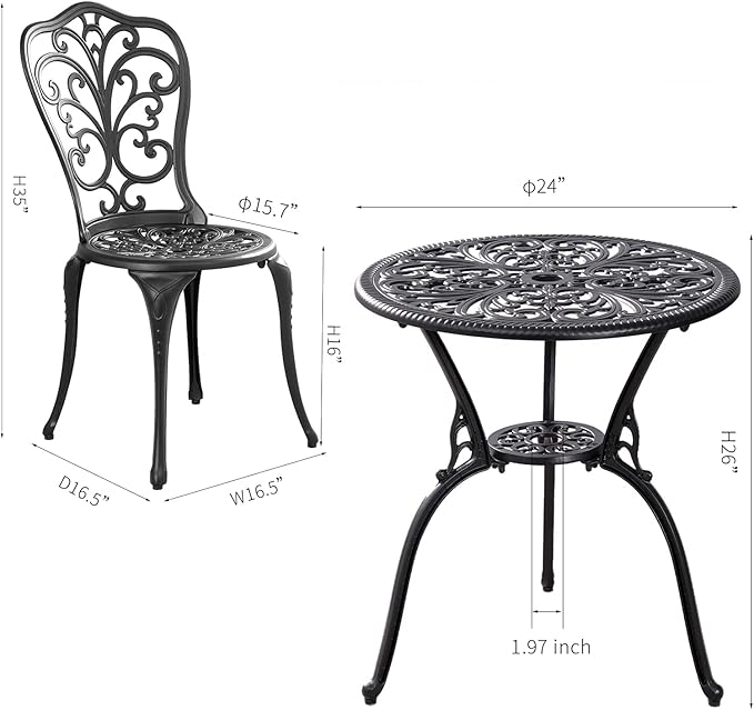 Withniture 3 Pieces Bistro Sets Cast Aluminum Outdoor Bistro Set, Patio Bistro Sets with Umbrella Hole, Weather Resistant Bistro Table and Chairs Set of 2 for Porch (Black, Butterfly)