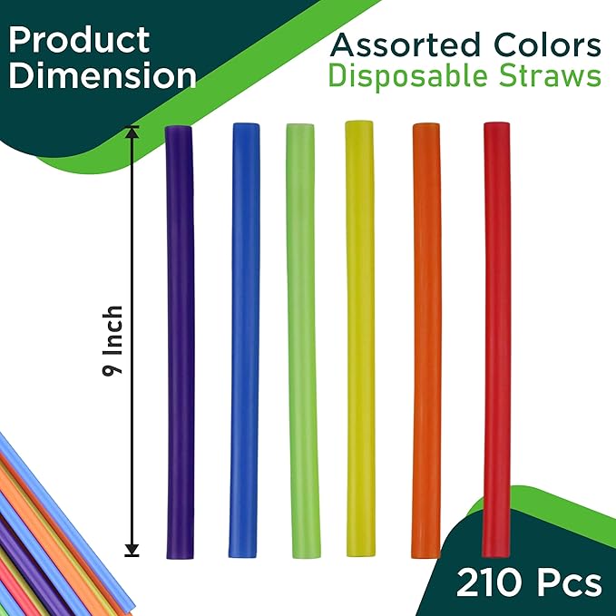 9" Wide Mouth Milkshake/Smoothie Straws/Assorted Neon Colors - Pack of 210ct