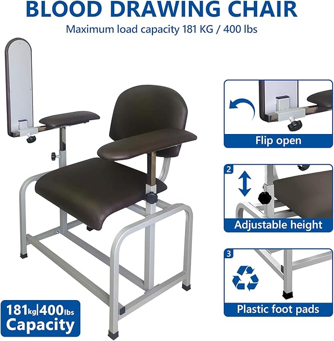Helsevesen Comfortable Padded Blood Drawing Chair, Phlebotomy Chair with Adjustable Armrest (Coffee Brown)