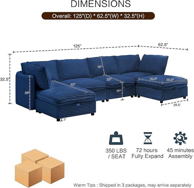125" Oversized Modular 6 Seater Sofa with Removable Covers and Storage, Convertible U, L-Shaped and Sleeper Sectional, Modern Corduroy Couches with Ottoman Chaise for Living Room, Apartment, Blue