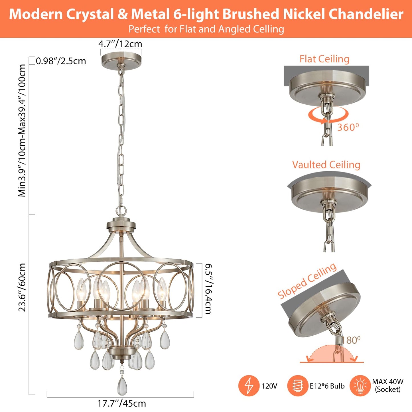 Majhoiw Crystal Chandeliers for Dining Room,17.7" Brushed Nickel 6 Lights Hanging Pendant Lighting Fixture Metal Farmhouse Chandelier for Kitchen Island Entryway Living Room