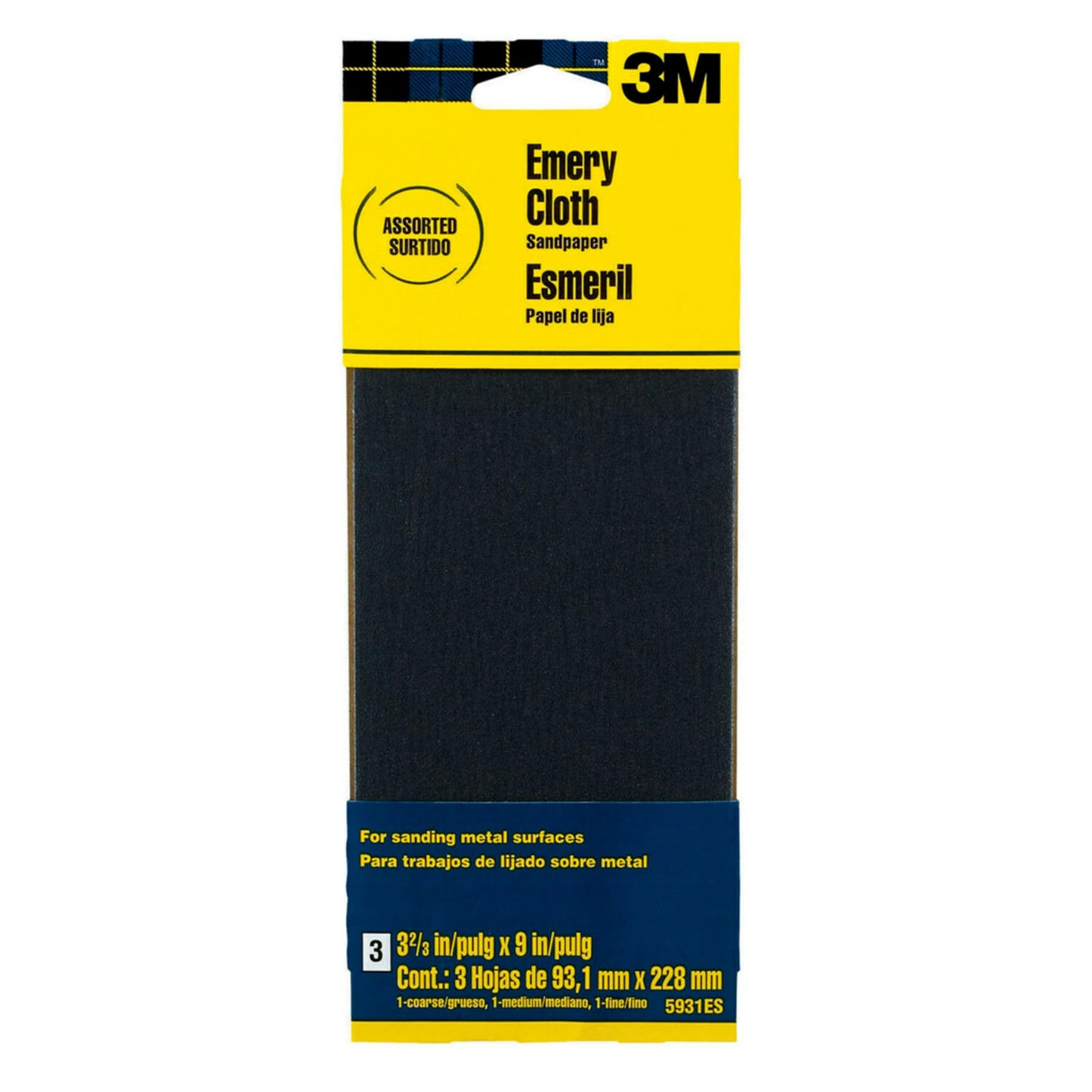 3M Emery Cloth Sandpaper, For Sanding Metal Surfaces, 3 Sheets, 3.67-in x 9-in, Assorted Grit Abrasives, Cloth Backed Sanding Paper, For Light Rust Removal & Cleaning, Light Metal Polishing (5931)