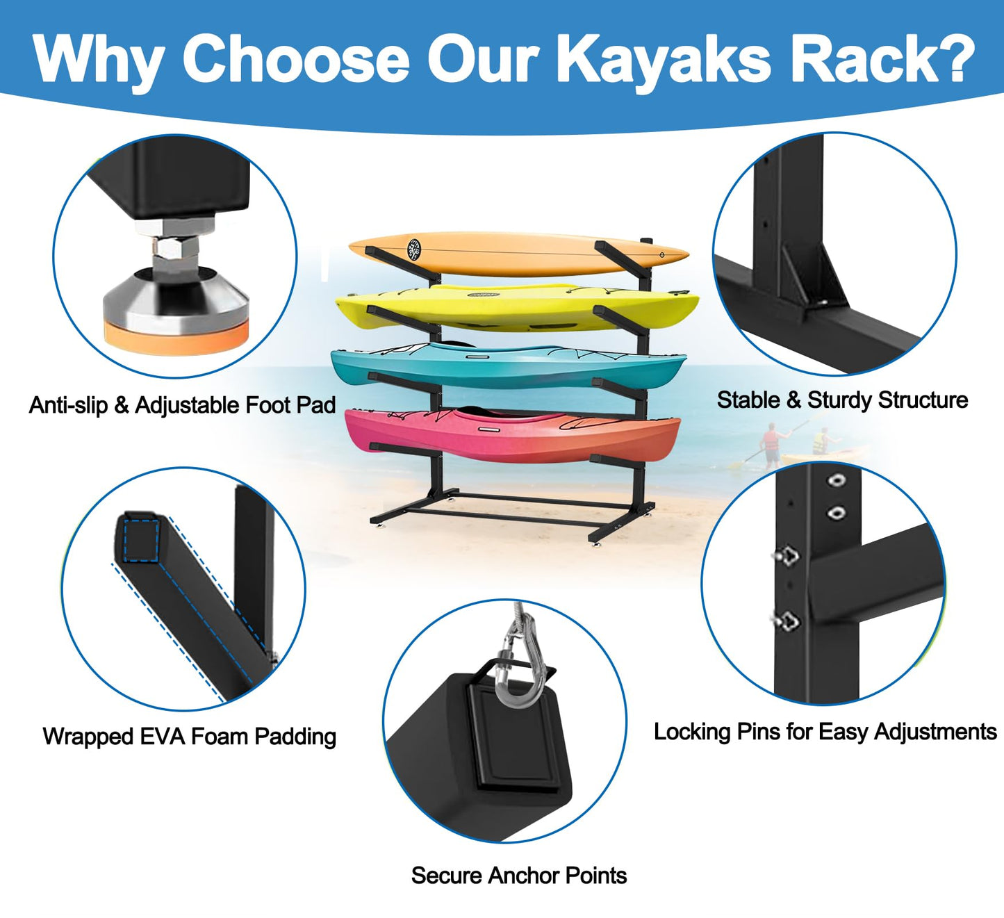 Kayak Rack Freestanding, Heavy-Duty Kayak Storage Rack W/Non-Slip EVA Pad/Powder-Coated Steel/Hooks Adjustable Paddle Board Canoe Racks for Outdoor Storage, Weather-Resistant Kayak Stands for Garage