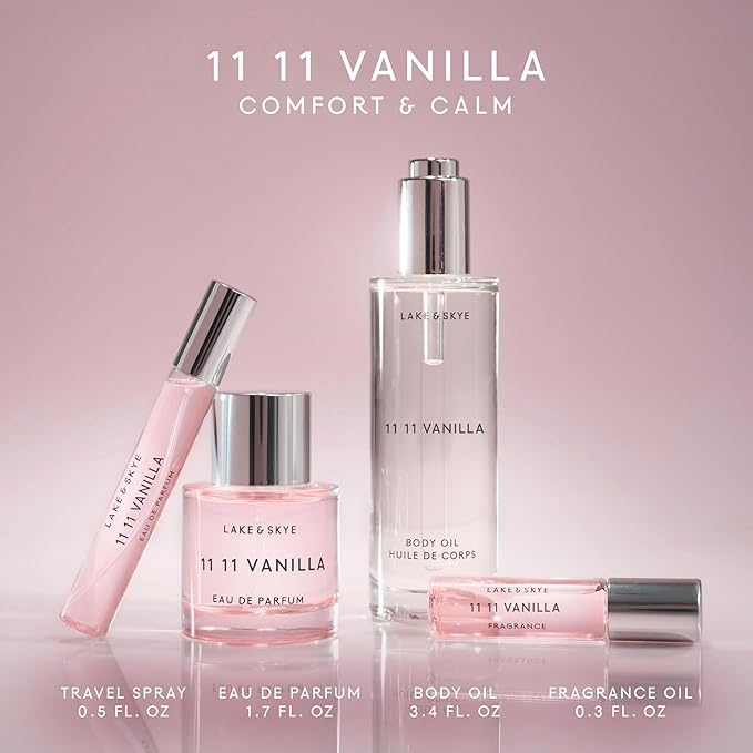 Lake & Skye 11 11 Vanilla Fragrance Oil 0.06 fl oz (2ml), Mini Perfume, Unisex Fragrance, Warm & Sweet Scent, Vanilla and Musk Notes, with Essential Oils, Long-Lasting Fragrance, Travel-Friendly