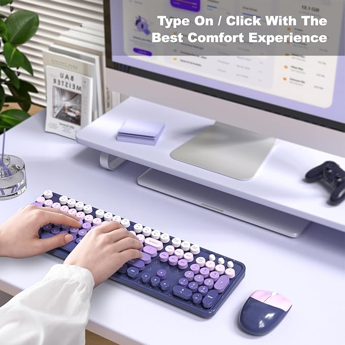 Wireless Keyboard and Mouse Combo, 104 Keys Full-Size Typewriter Keyboards, 2.4 GHz USB Receiver Plug and Play for Windows 7 8 10 11, PC, Laptop, Desktop (Purple)