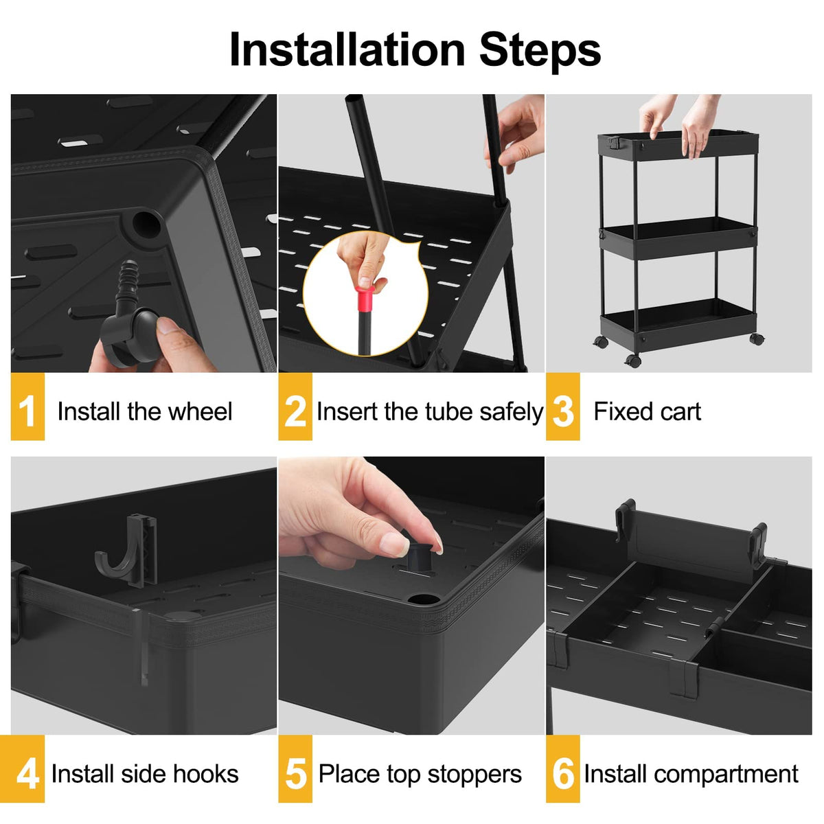 SPACELEAD Slim Storage Cart 3 Tier,Bathroom Organizer Rolling Utility,Mobile Shelving Unit Slide Out for Office, Kitchen, Laundry Room & Narrow Places,Black